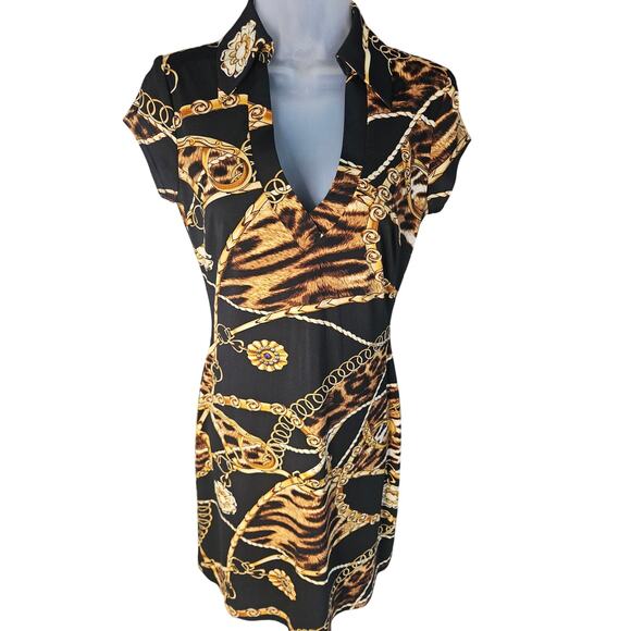 Cache Black Gold Dress Animal Print Collared Deep V Neck Stretch Sz SM - Picture 2 of 7